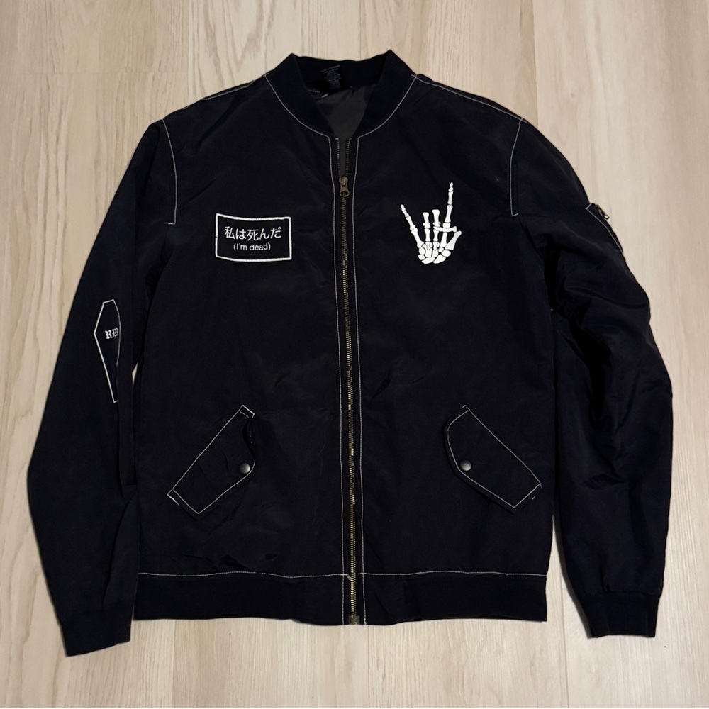 Black Bomber Jacket with Skeleton Design